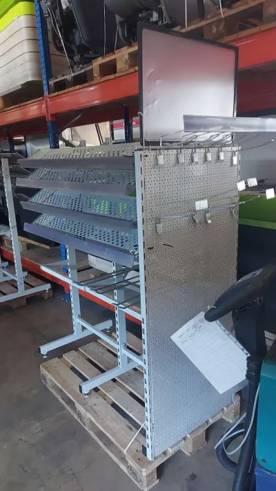 Wanzl Kassaregal Kaugummiregal beidseitig mit großem Werbeschild 130 cm grau