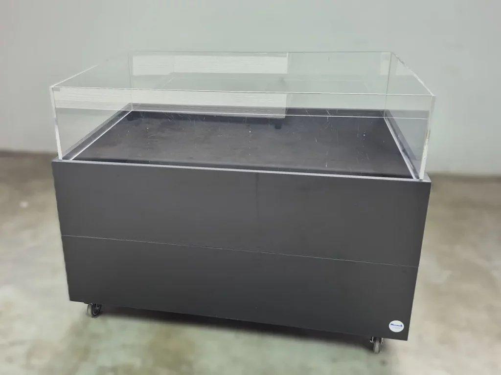 Wühltisch / Verkaufsschütte schwarz auf Rollen mit Glaswand 120 cm