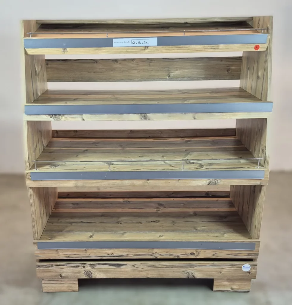 Warenregal Holzoptik mit fixierten Fächern 120 cm – Brot-/Obst-/Präsentationsregal (1)