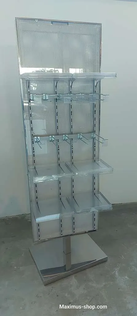 Drehbares Präsentationsregal mit Plexiglasfächern und Haken auf Rollen – Kosmetikregal