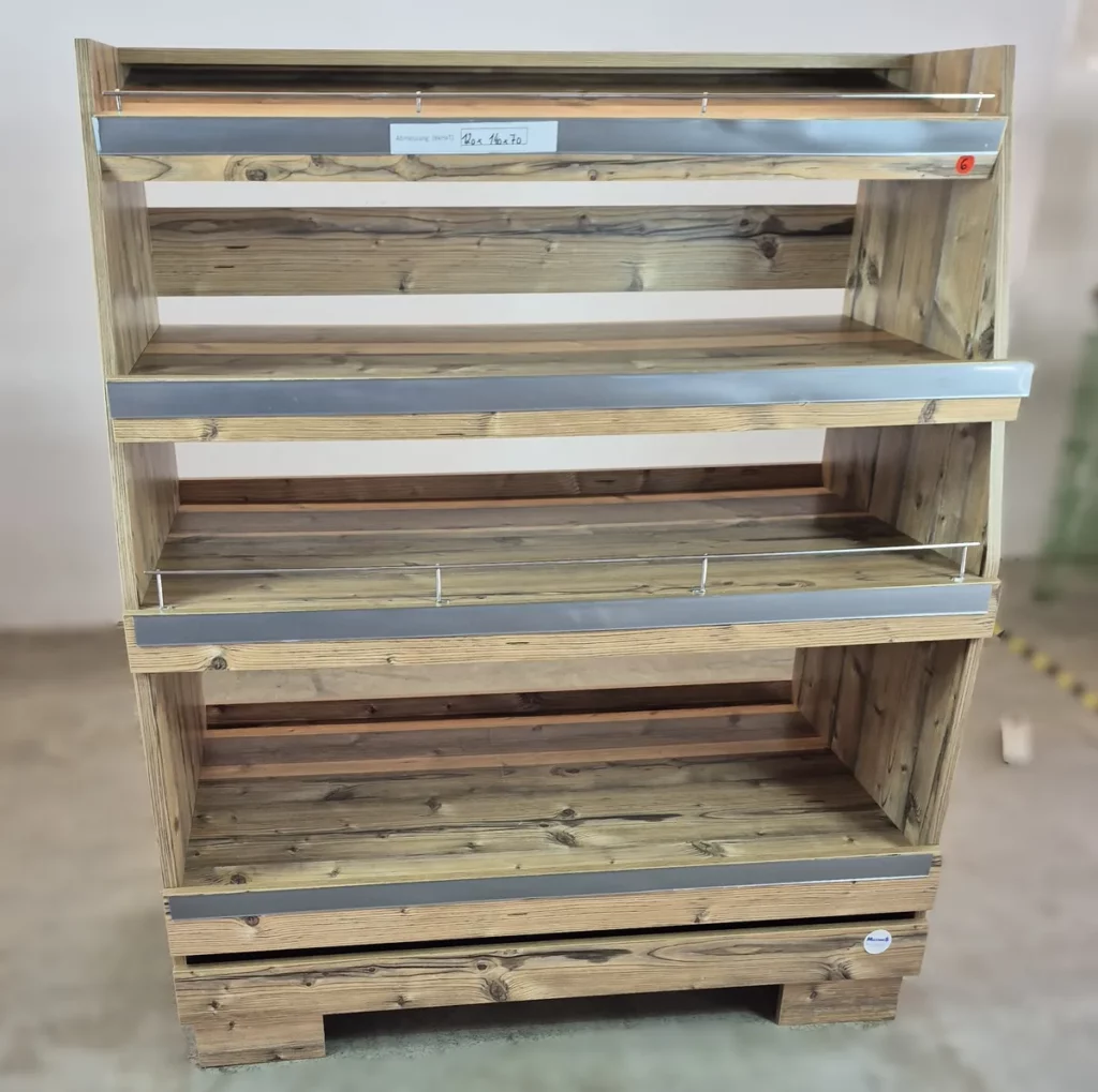 Warenregal Holzoptik mit fixierten Fächern 120 cm – Brot-/Obst-/Präsentationsregal (6)