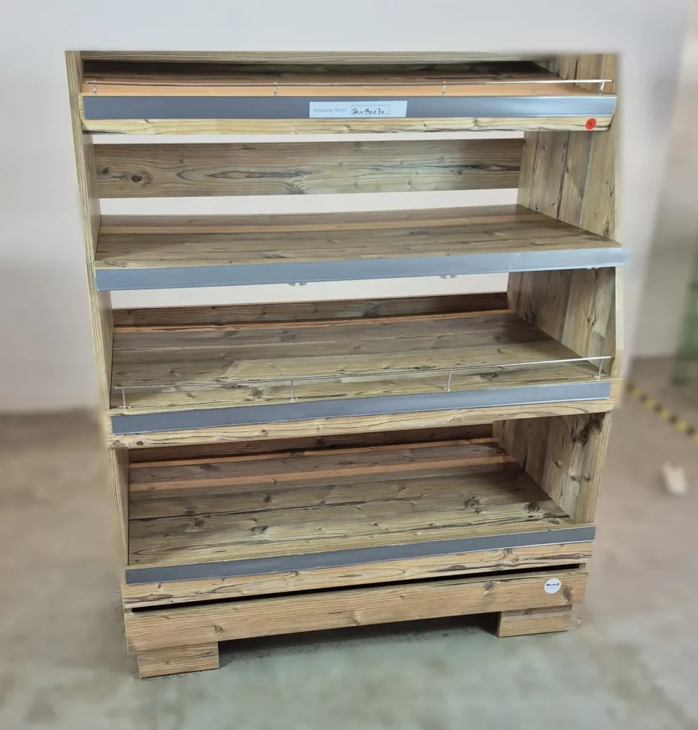 Warenregal Holzoptik mit fixierten Fächern 120 cm – Brot-/Obst-/Präsentationsregal (4)