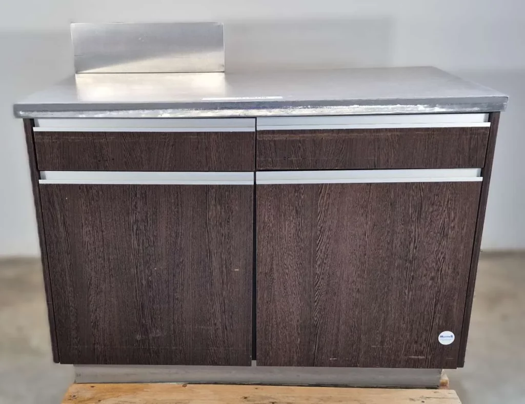 Nirosta-Arbeitstisch 127 cm mit Aufkantung, 2 Türen und 2 Schubladen