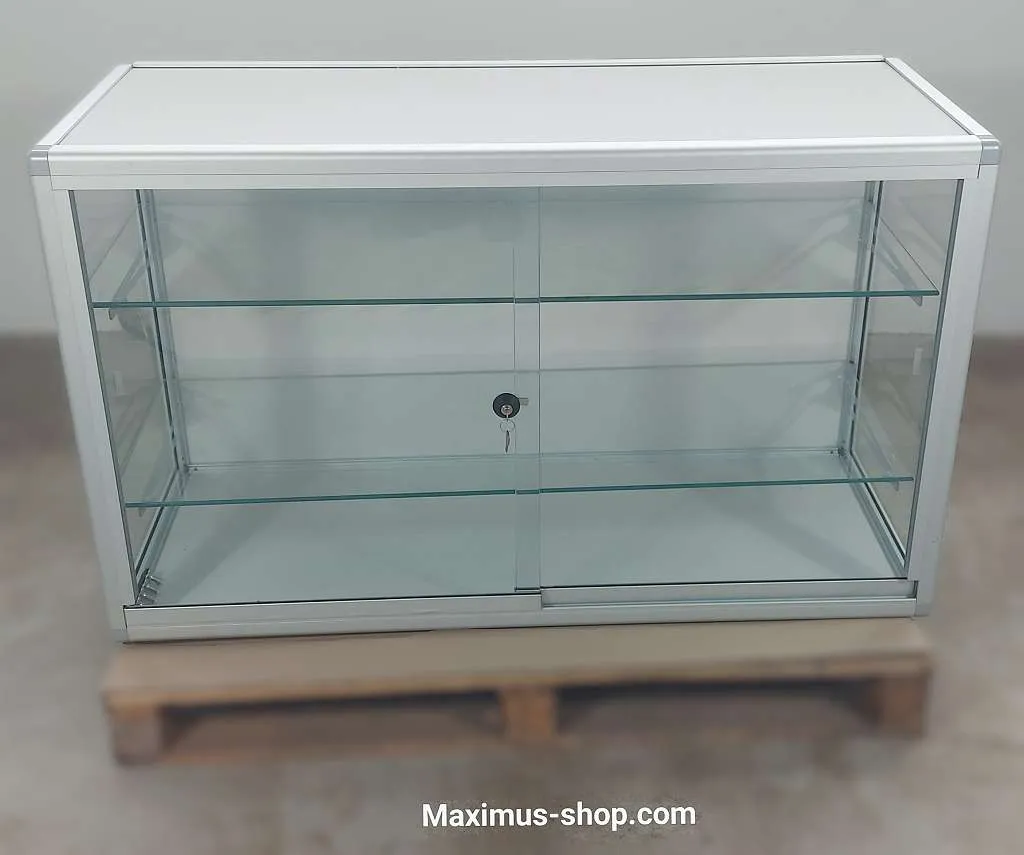 Glasvitrine abschließbar 125 cm silber mit 2 Fächern und Füßen Neuware