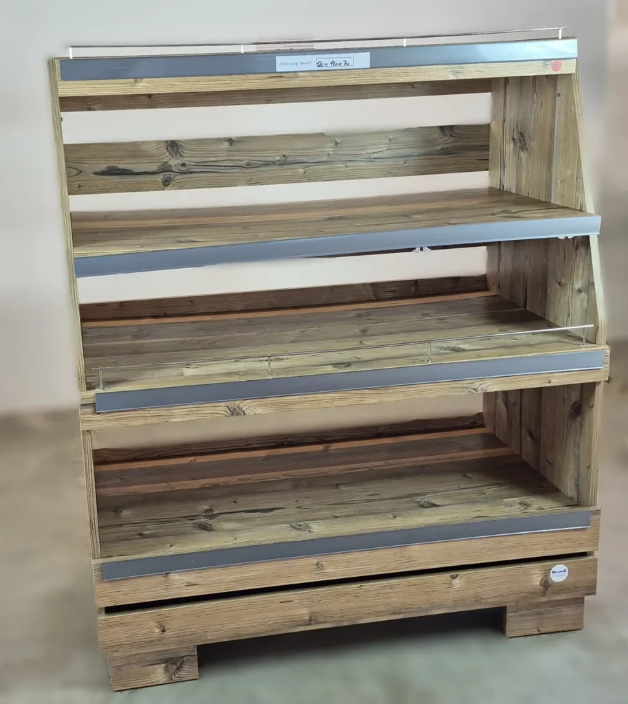 Warenregal Holzoptik mit fixierten Fächern 120 cm – Brot-/Obst-/Präsentationsregal (3)