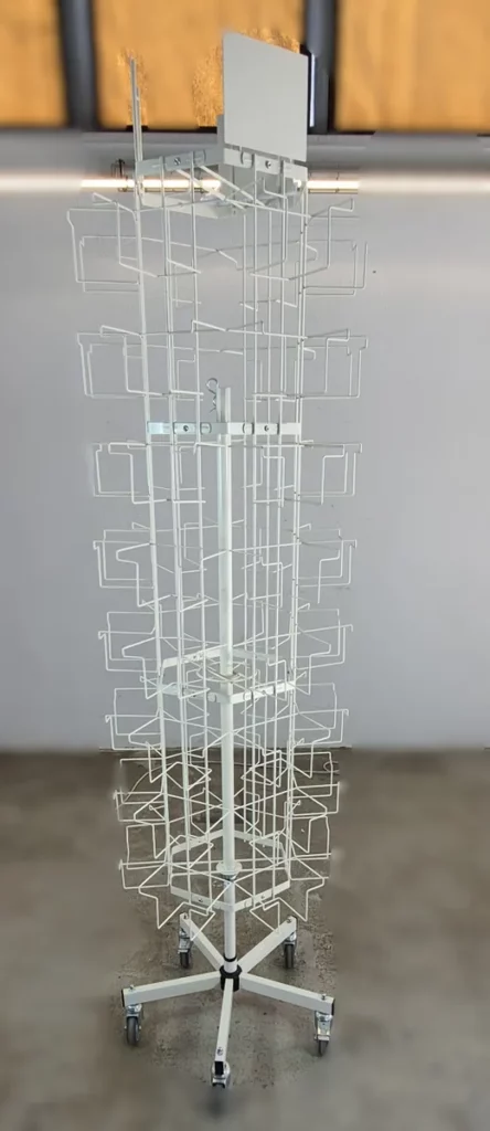 Postkartenständer Rondell drehbar auf sperrbaren Rollen 208 cm mit Werbeschildhalterung
