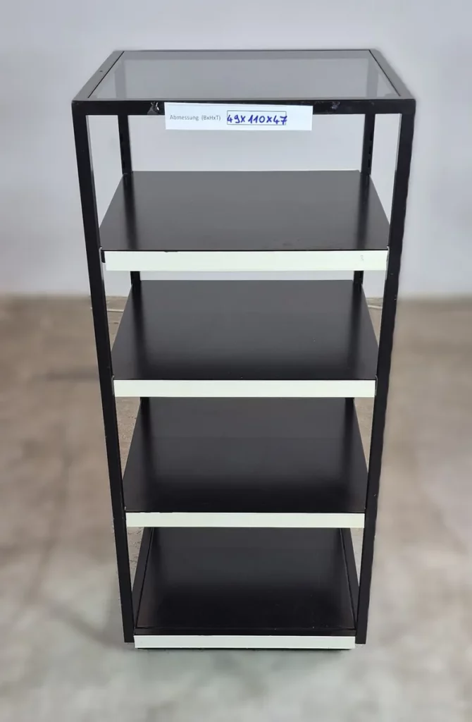 Warenregal schwarz elegant mit Glasplatte und Rollen 49 cm