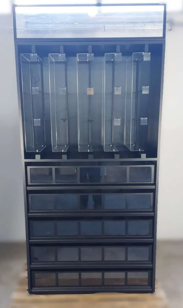 Universal-Verkaufsregal schwarz mit Softclose-Schubfächern und Werbeträger 100 cm
