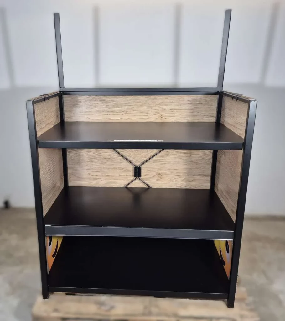 Warenregal schwarz mit höhenverstellbaren Fächern und großem Werbeträger 105 cm