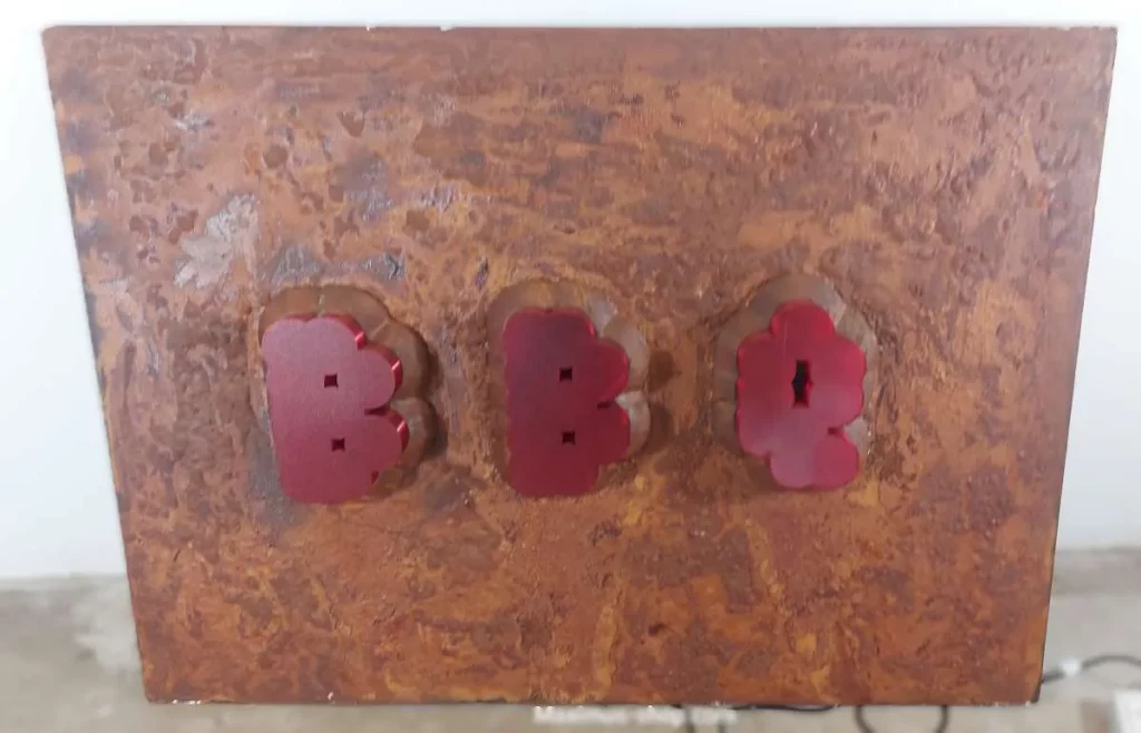 BBQ Werbeschild Rusted Look mit LED-Schriftzug 140 x 100 cm – Beleuchtung teilweise defekt